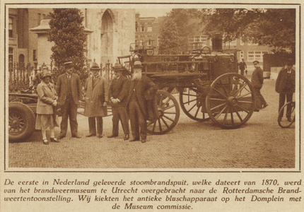 873146 Afbeelding van de eerste Nederlandse stoombrandspuit uit de collectie Brandweermuseum (Lange Nieuwstraat 38) te ...